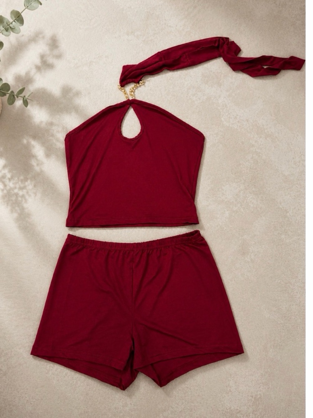 Women's Burgundy Halter Sleep Set with Keyhole Top